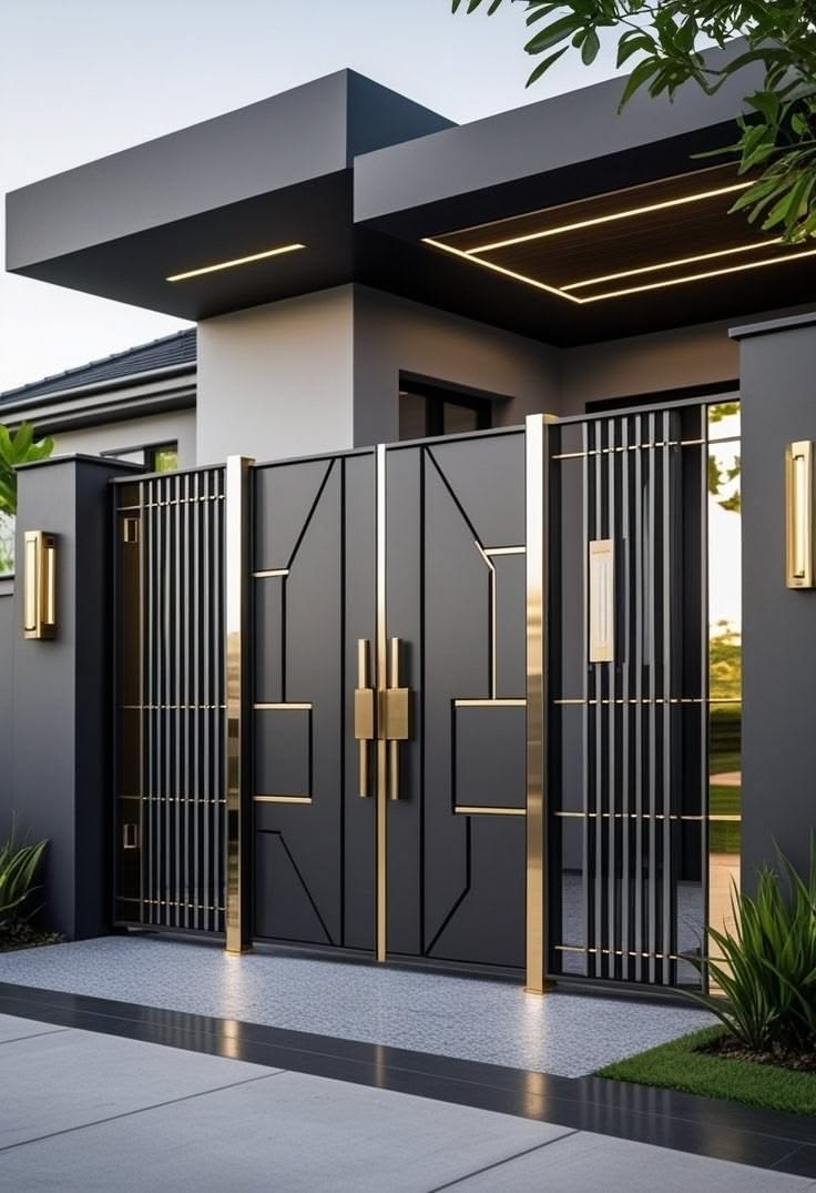 Black and gold commercial entrance gate in stainless steel