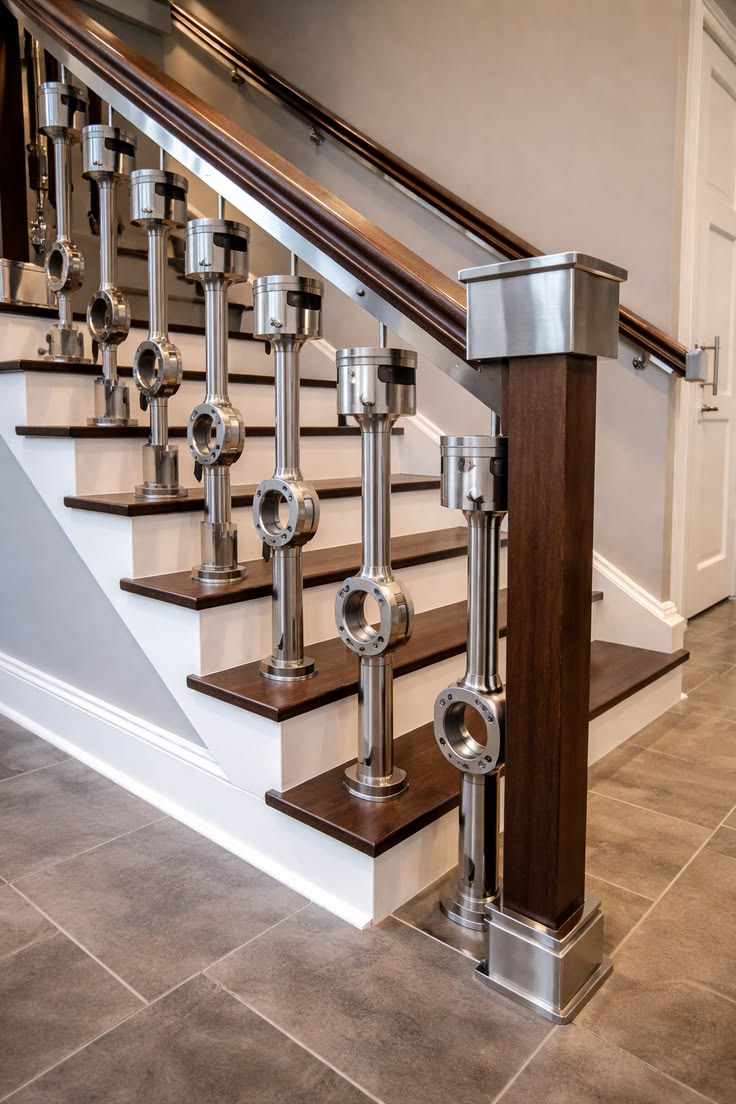Industrial piston-style baluster railing installation detail